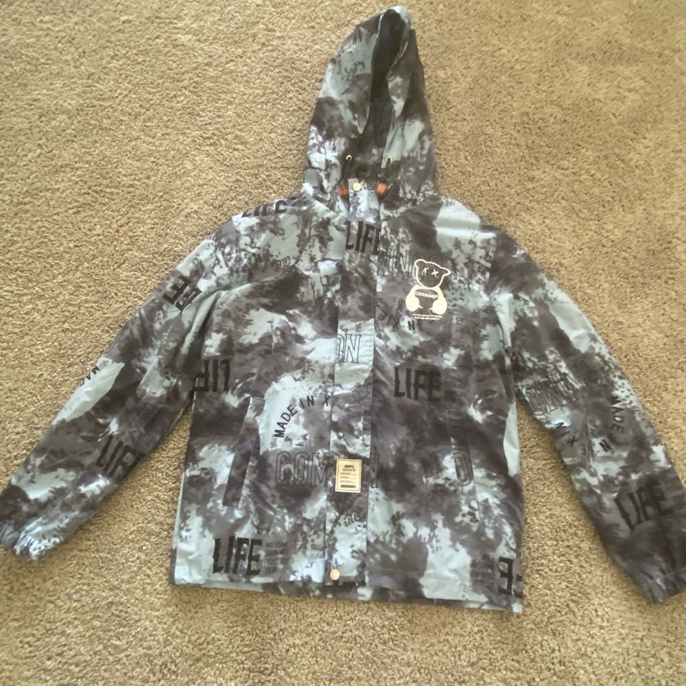 Gray Hooded Raincoat with Weather-Resistant Fabric
